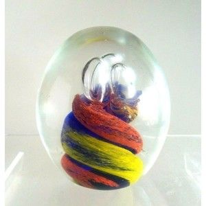 Vtg Murano Art Glass Controlled Bubbles Paperweight Neon Orange Yellow Blue